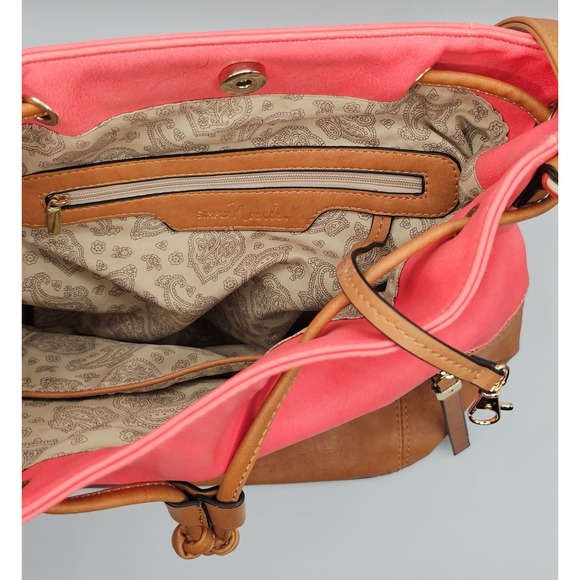 Simply Noelle Two Tone Coral Tan Faux Leather Drawstring Bucket Bag‎ Purse - Picture 7 of 7